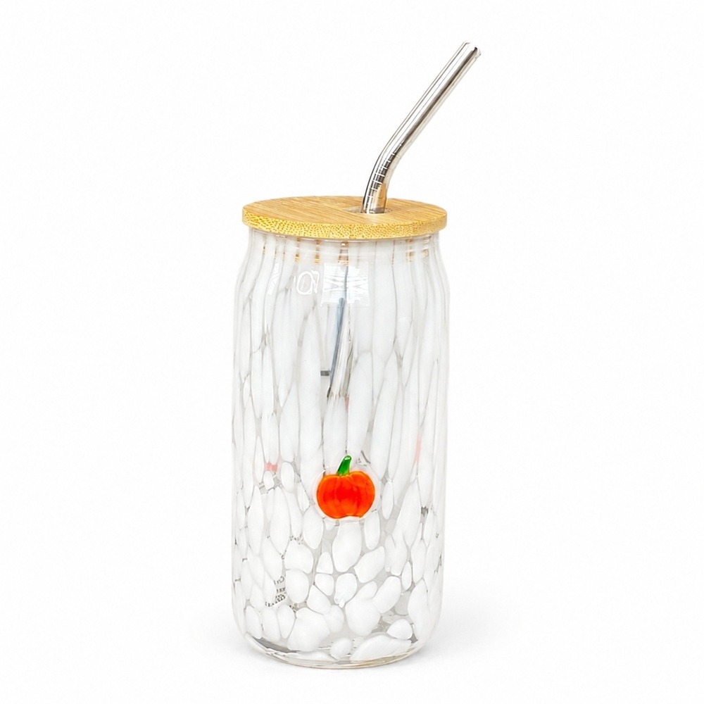Anthropologie Mystic Icon Pumpkin‎ Glass Tumbler 16oz Bamboo Lid Stainless Straw